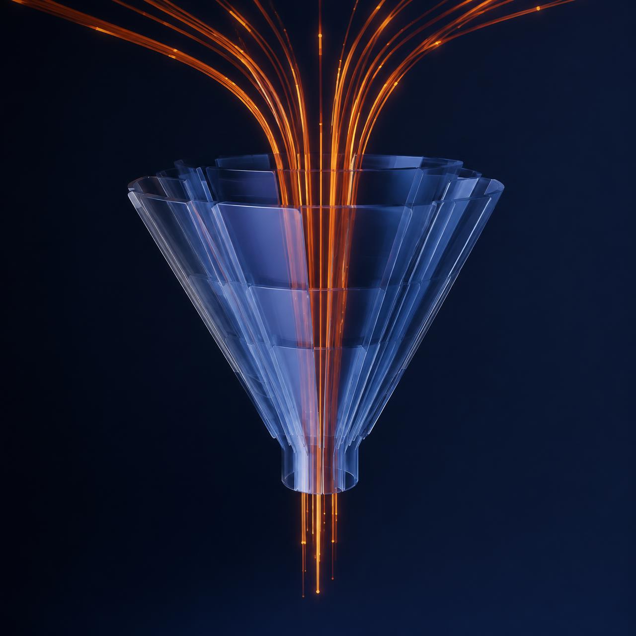 Streams of light converging through a glass funnel